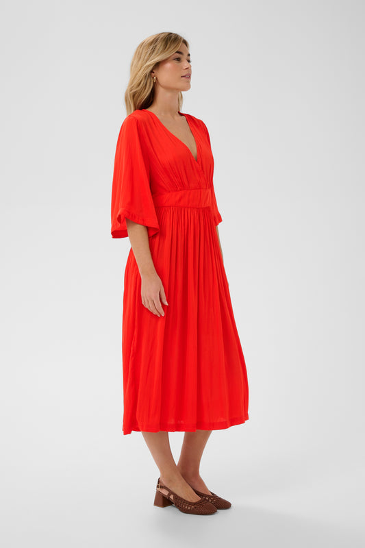Saint Tropez Dress in striking red colour with 3/4 length sleeves, v-neck and midi length