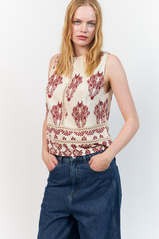 Lollys Laundry Pia sleeveless top in crème with red pattern