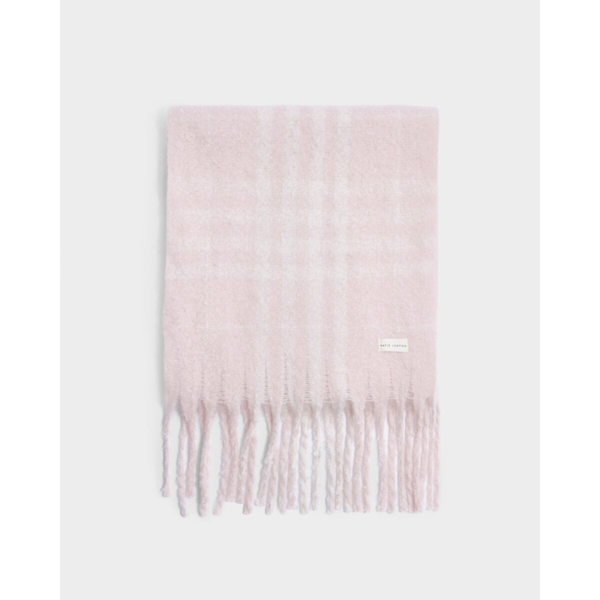 Katie Loxton Recycled Striped Tassel Scarf in Blush Pink and White Plaid