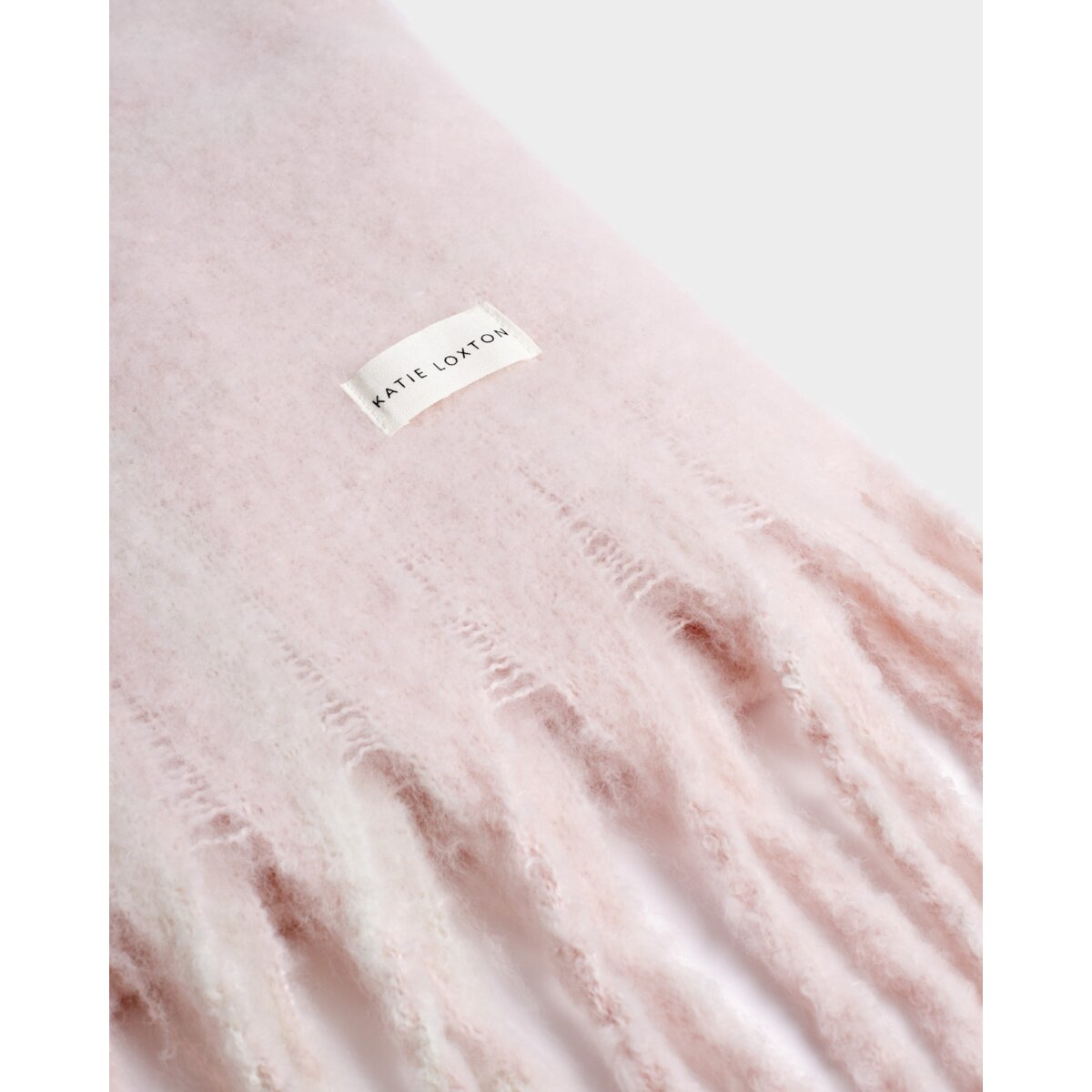 Katie Loxton Recycled Striped Tassel Scarf in Blush Pink and White Plaid