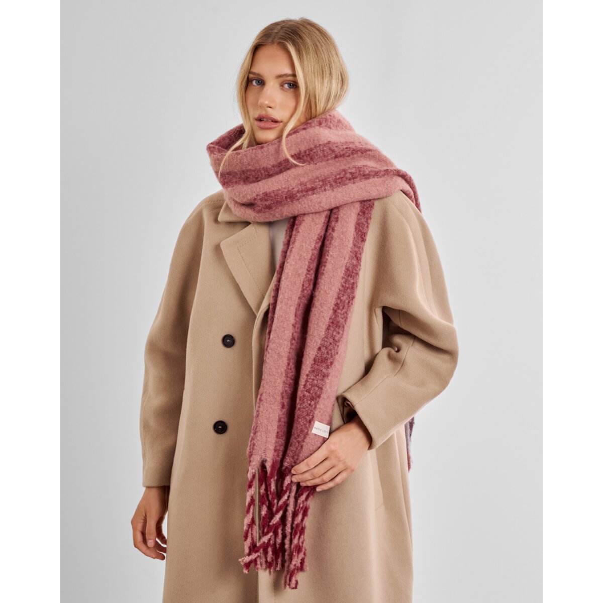 Katie Loxton Recycled Tassel Scarf available in Pink & Cherry and Off White & Sand
