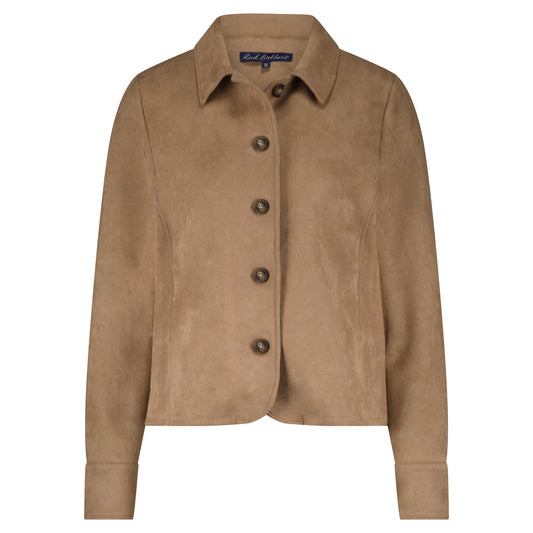 Red button almond Brown faux suede jacket with button details  and collar on a white background