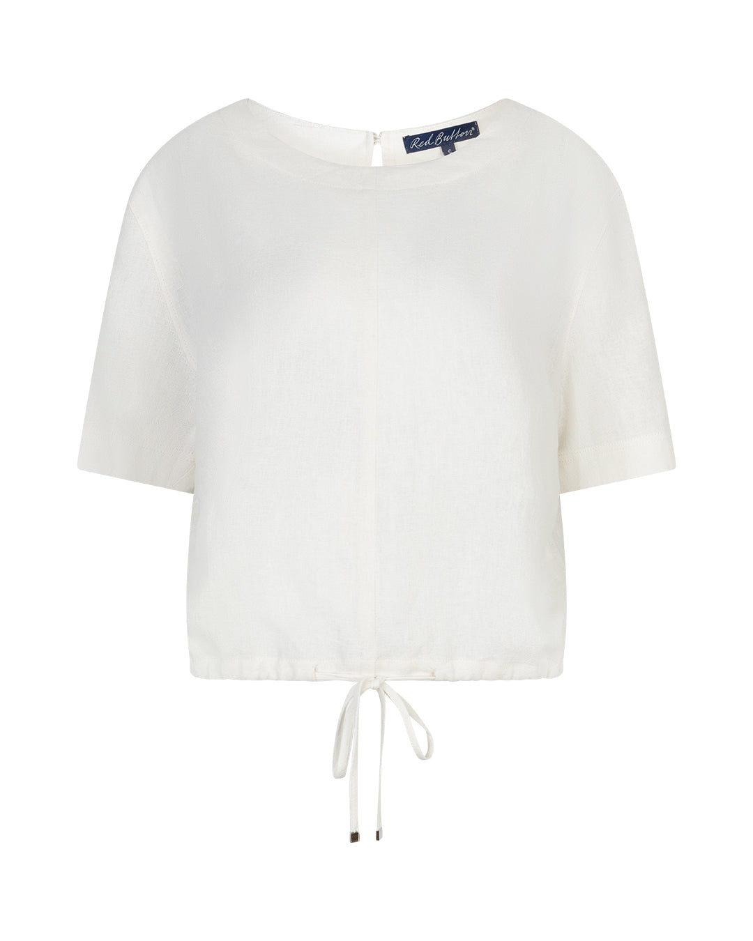 White blouse with a drawstring detail on a white background