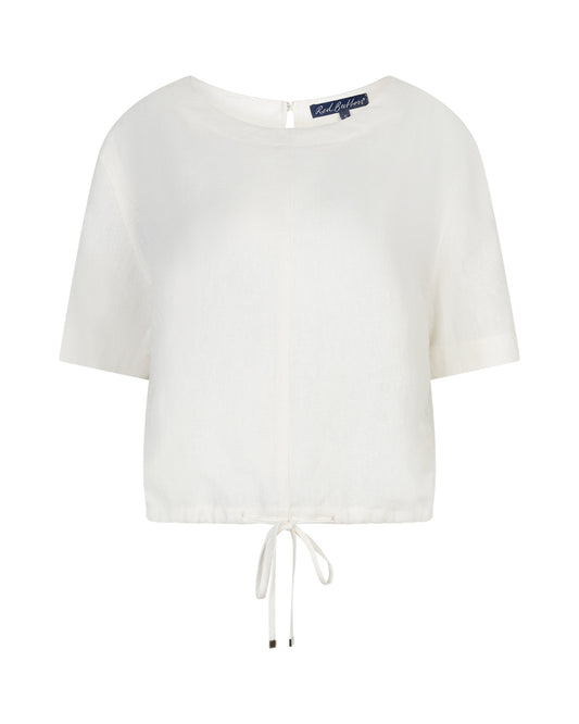 White blouse with a drawstring detail on a white background