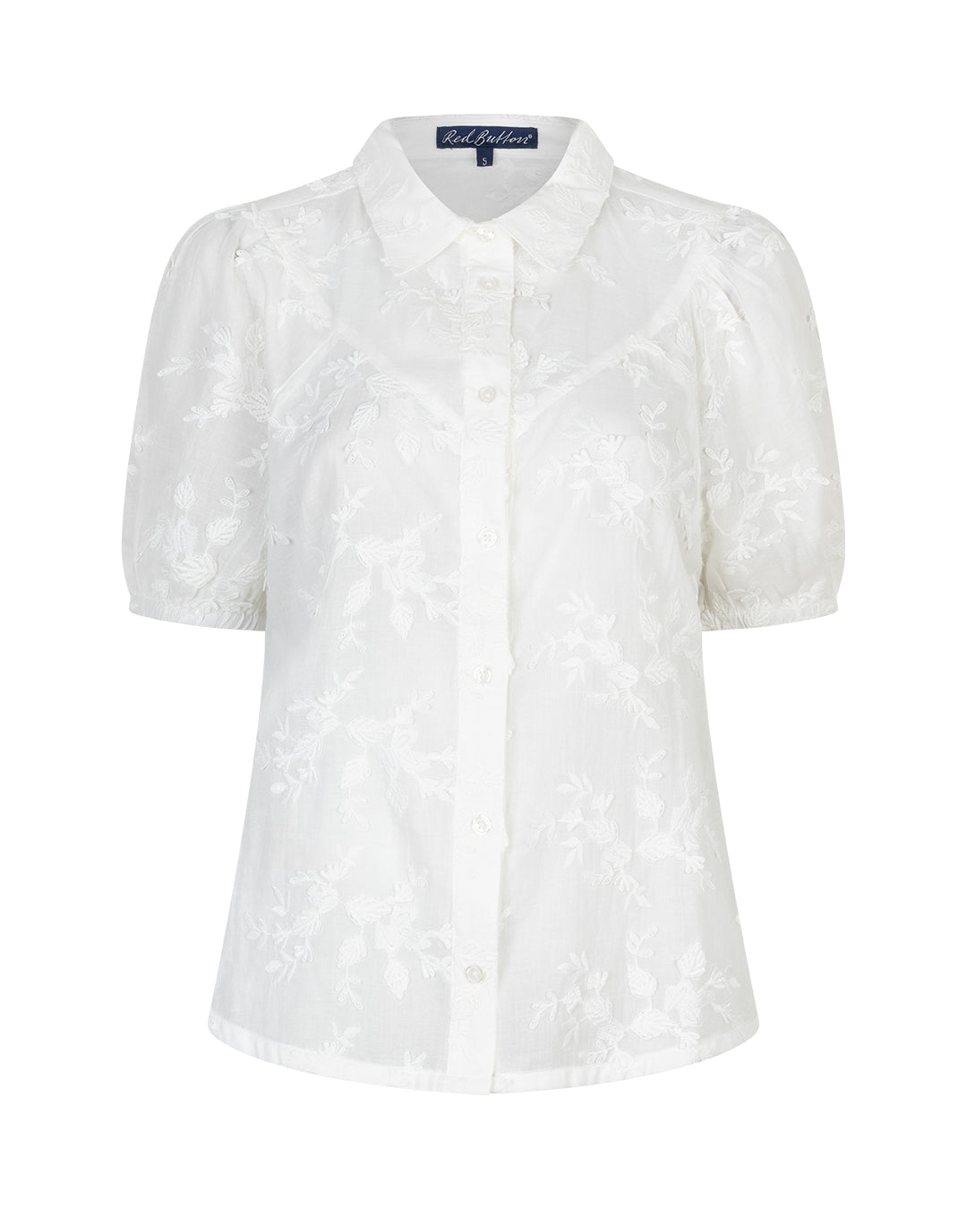 Red Button embroidered flower blouse in white