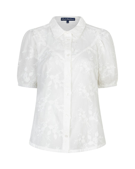 Red Button embroidered flower blouse in white