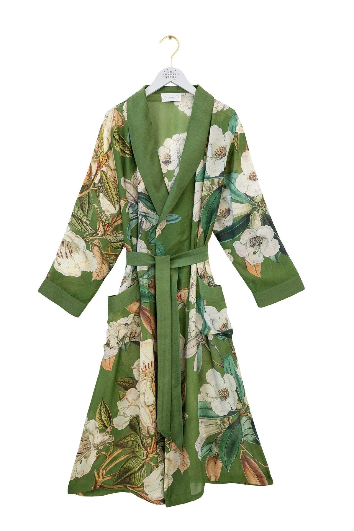 One Hundred Stars Rhodoleia Green Gown featuring an intricate botanical floral print in green tones with a flowing longline silhouette