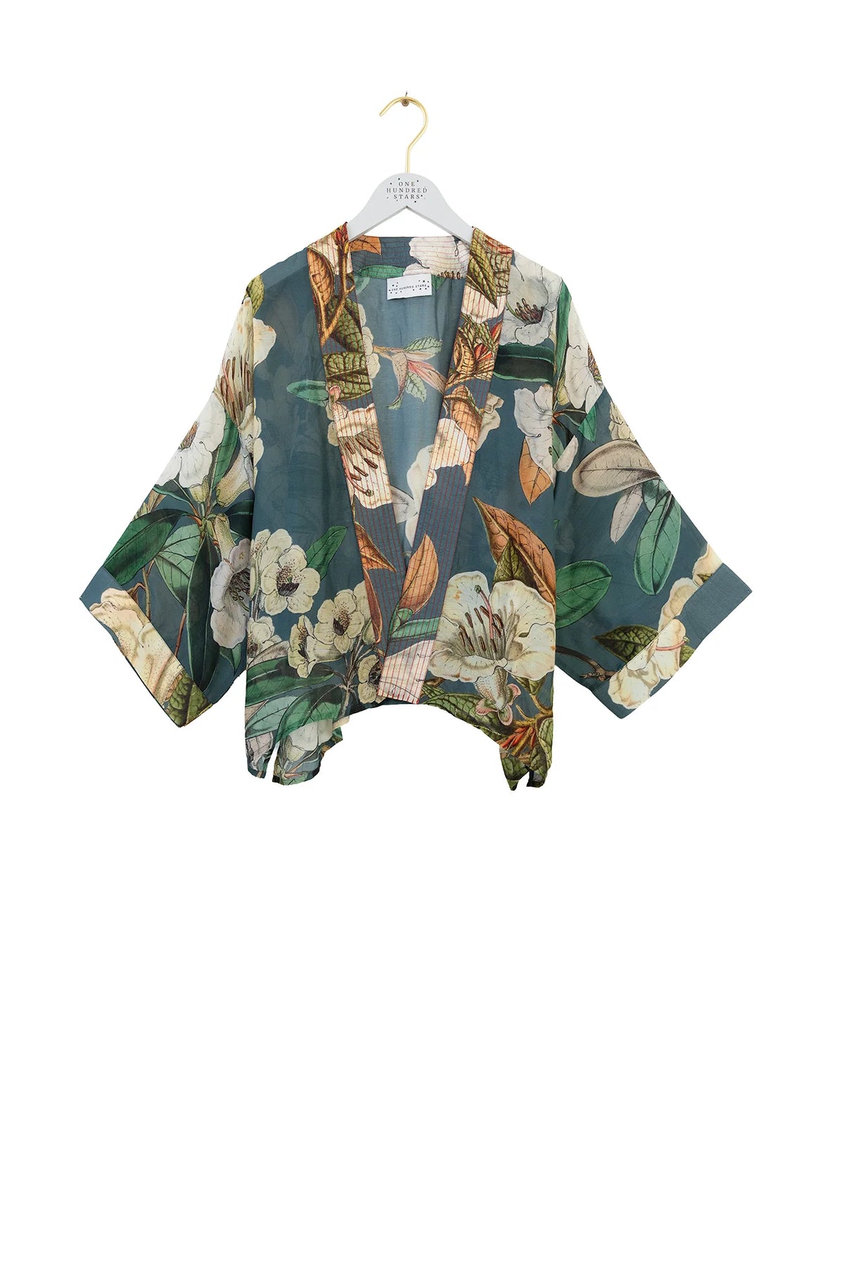 One Hundred Stars Rhodoleia Blue Kimono with botanical floral print