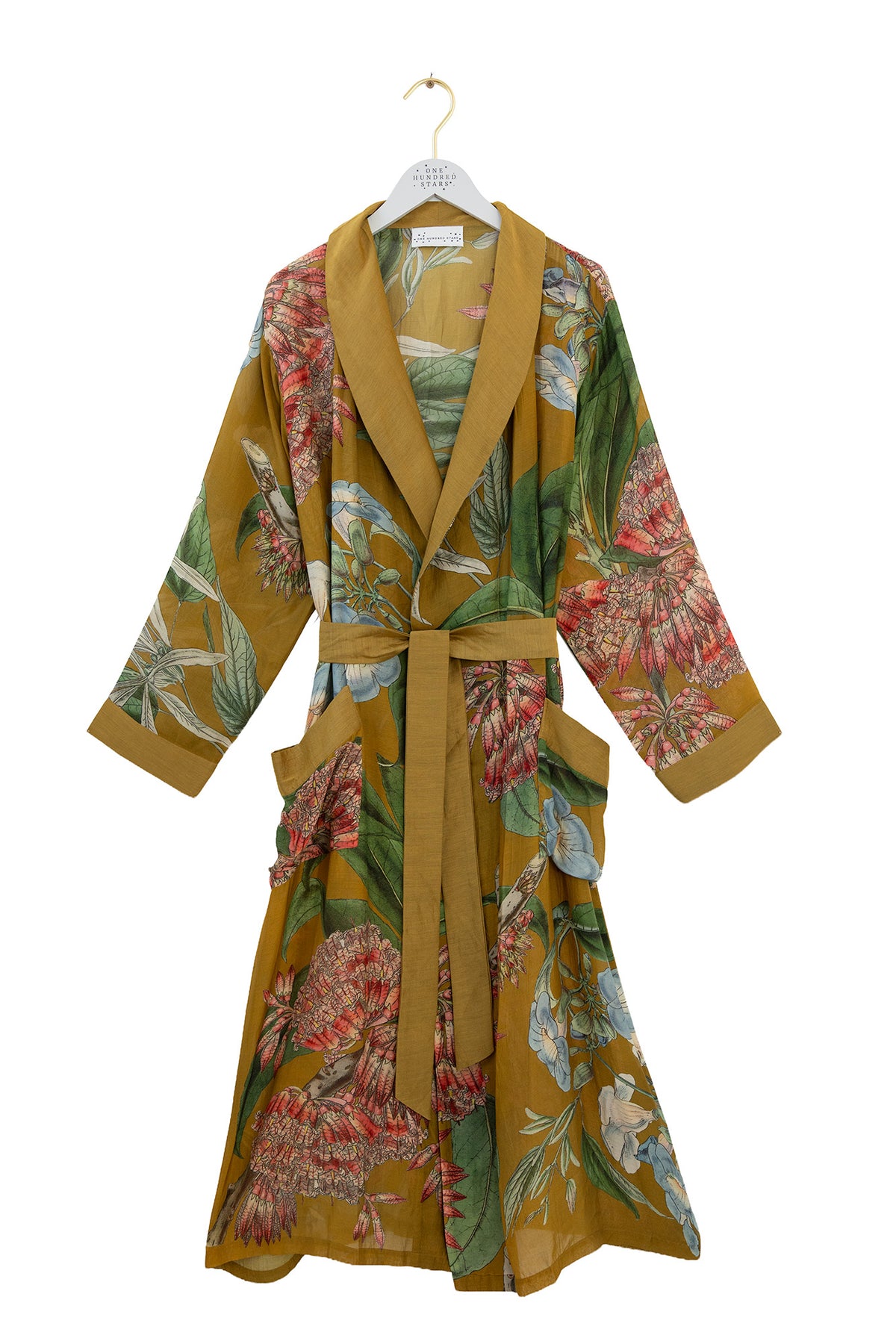 One Hundred Stars Rhodoleia Gold Gown with botanical floral print