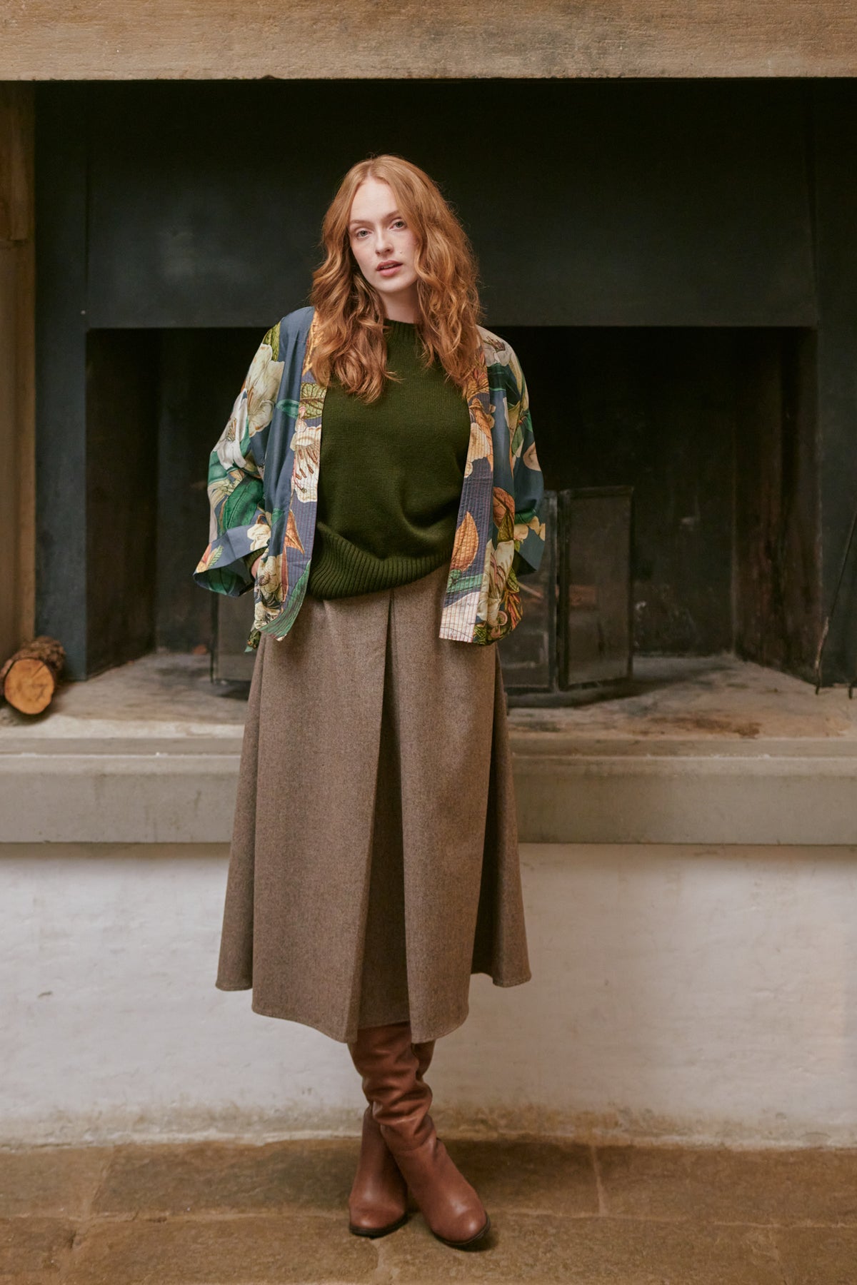 One Hundred Stars Rhodoleia Blue Kimono with botanical floral print