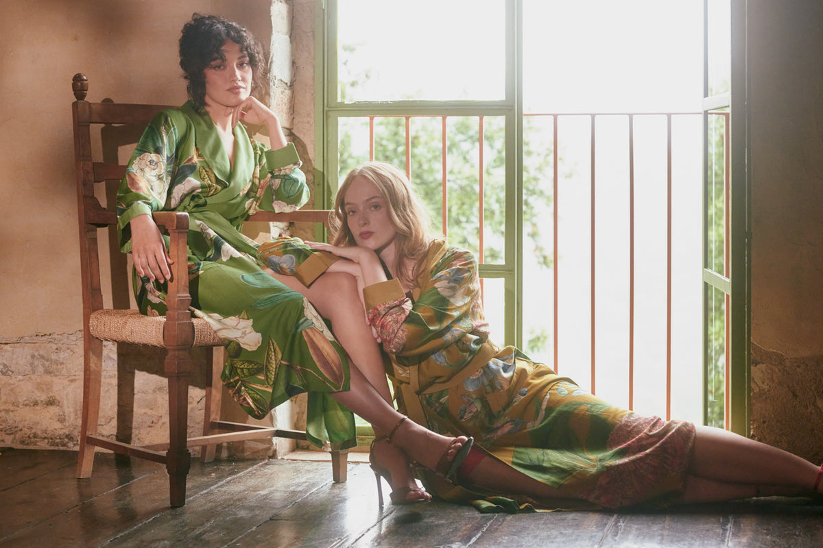 One Hundred Stars Rhodoleia Gold Gown with botanical floral print