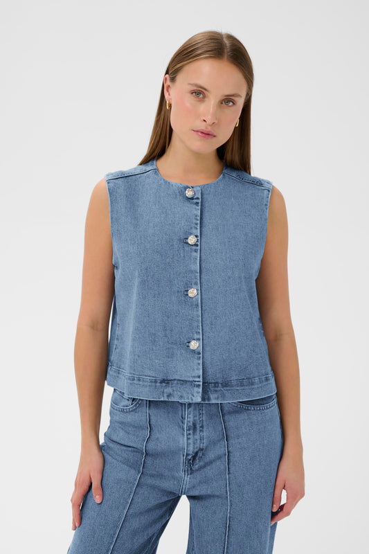 Woman wearing the Soaked in Luxury Rinatina Denim Waistcoat