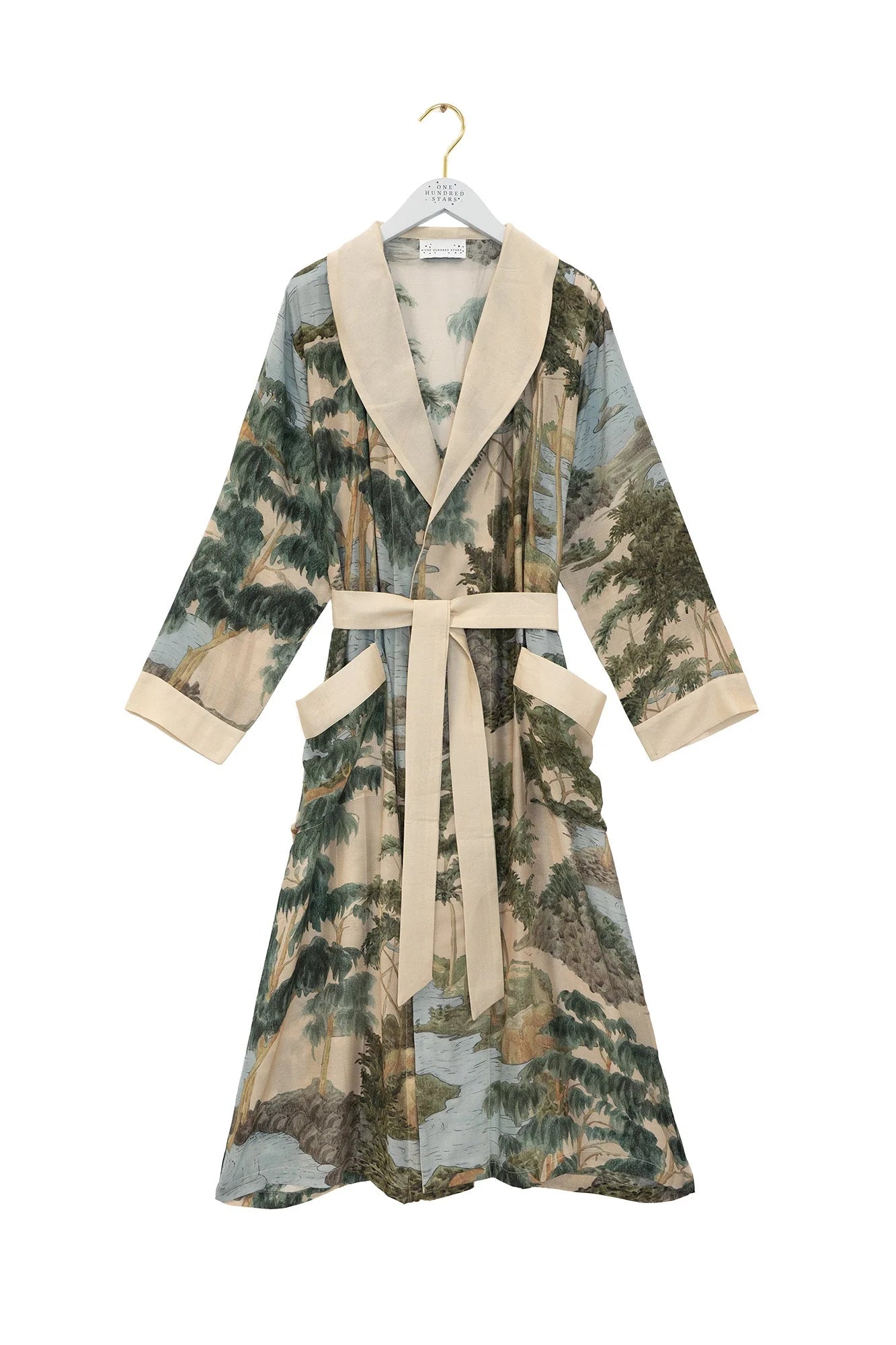 one hundred stars gown with rivers and trees on it