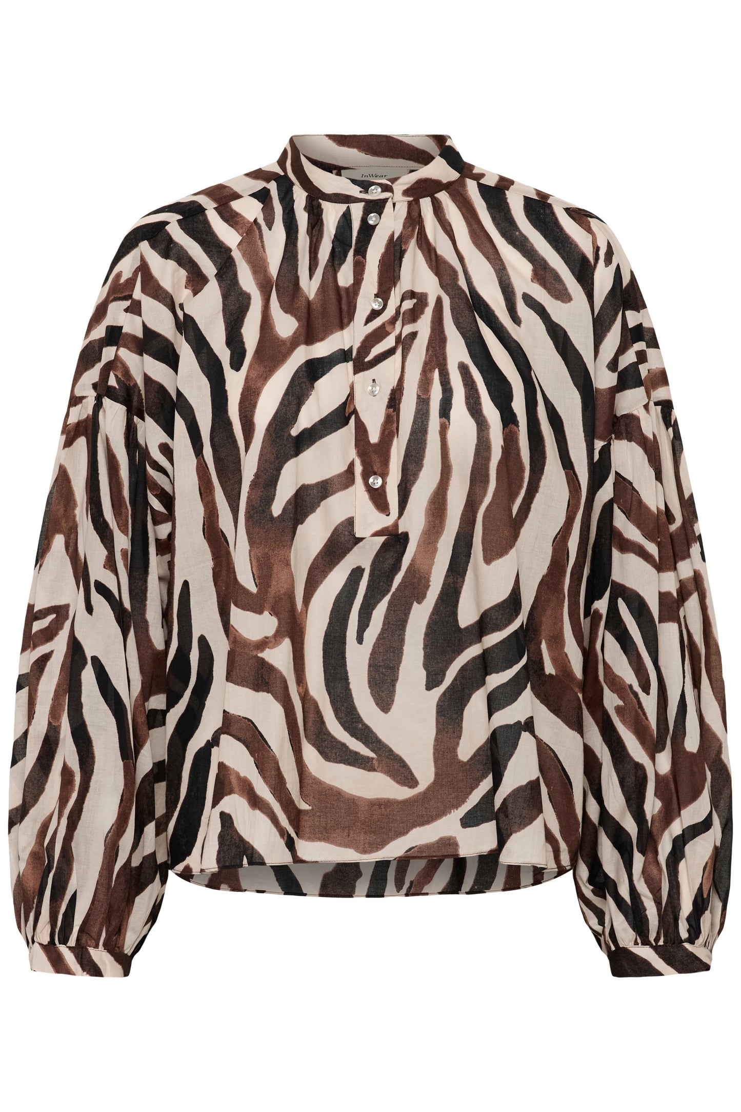 InWear Rosalie Blouse Haze Zebra neutral print with brown and black abstract stripes