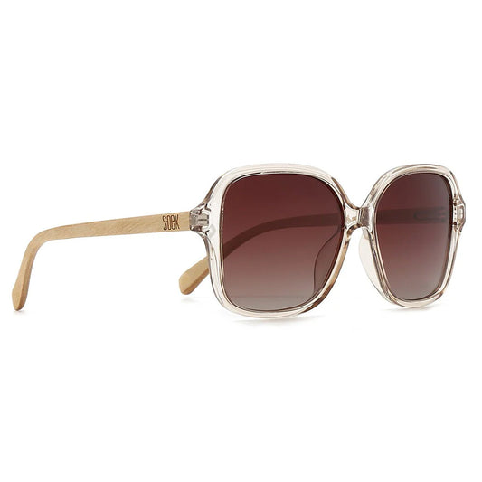 SOEK Scarlett champagne oversized square sunglasses with brown gradient polarised lenses and white maple wooden arms