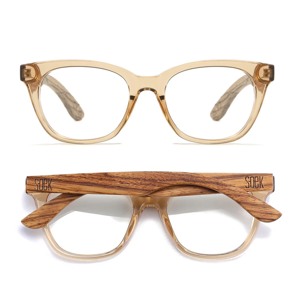 SOEK Lila Grace Reading Glasses in Champagne colour frames with walnut wood arms