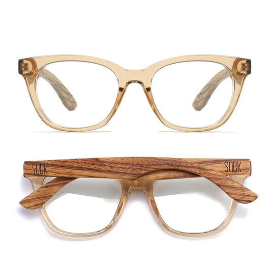 SOEK Lila Grace Reading Glasses in Champagne colour frames with walnut wood arms