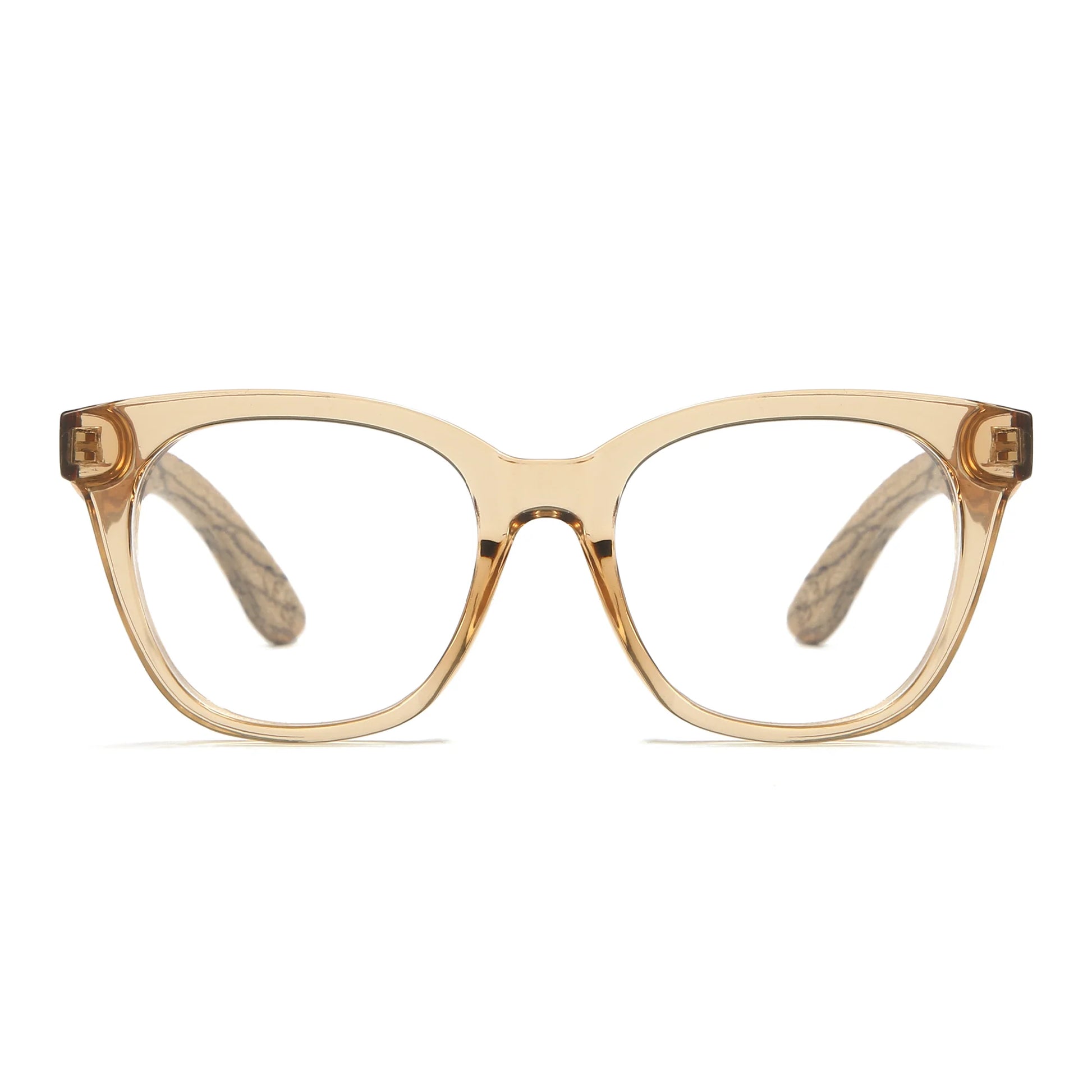SOEK Lila Grace Reading Glasses in Champagne colour frames with walnut wood arms