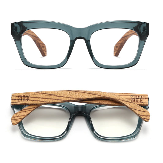 SOEK Morgan Indigo Reading Glasses with walnut wood arms