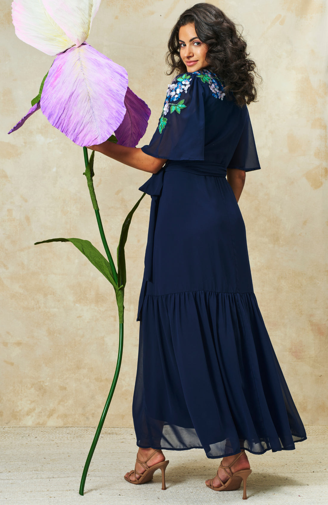 Hope and Ivy Sadie Navy wrap maxi dress with tie waist detail and embroidered shoulders