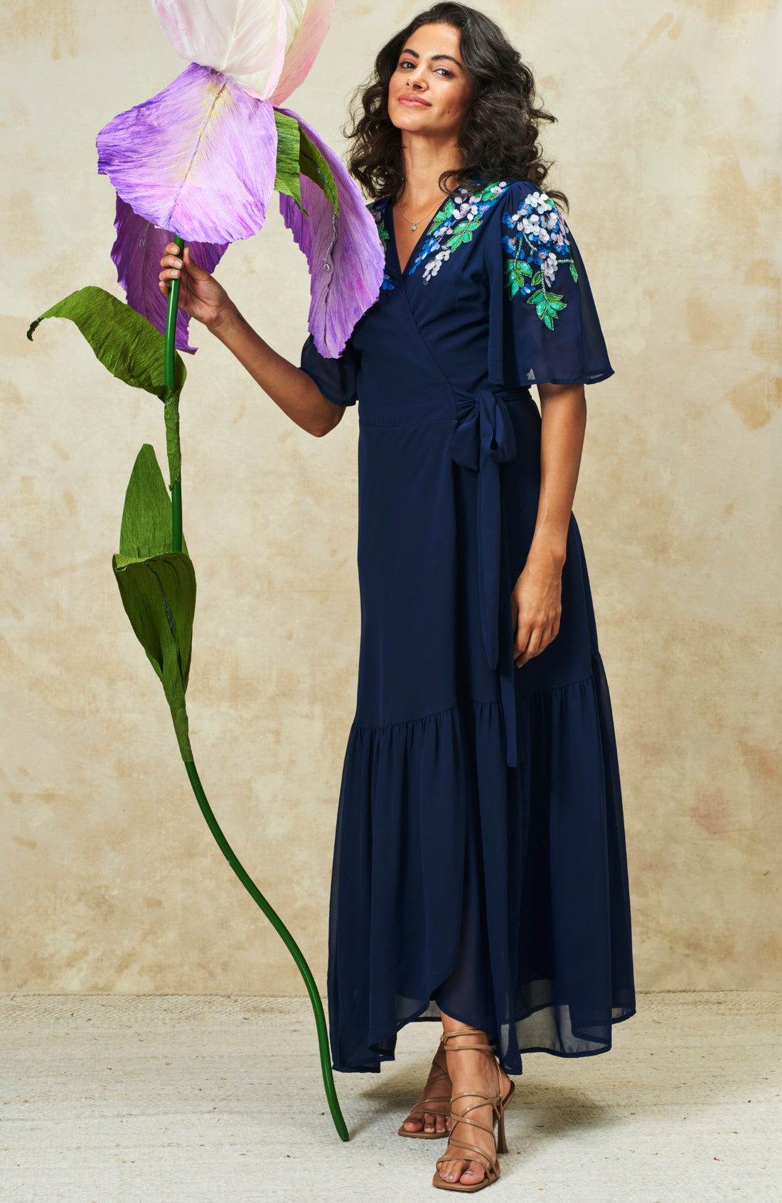 Hope and Ivy Sadie Navy wrap maxi dress with tie waist detail and embroidered shoulders