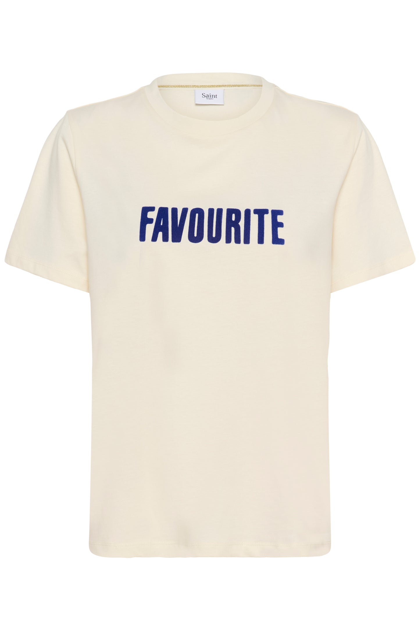 Cream Saint Tropez t-shirt with 'FAVOURITE' printed in blue on a white background