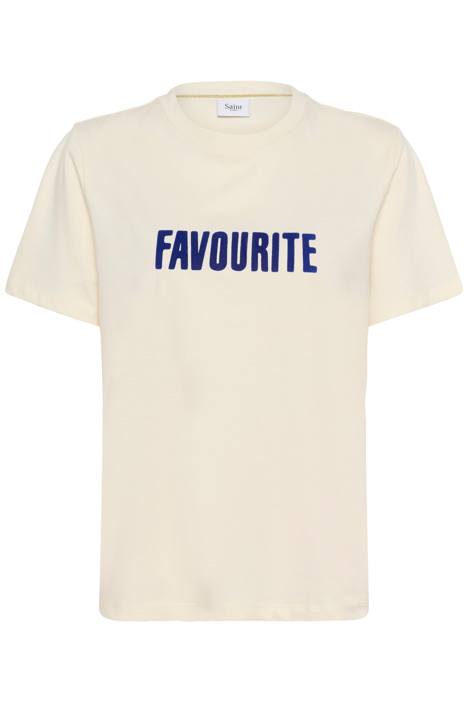 Cream Saint Tropez t-shirt with 'FAVOURITE' printed in blue on a white background