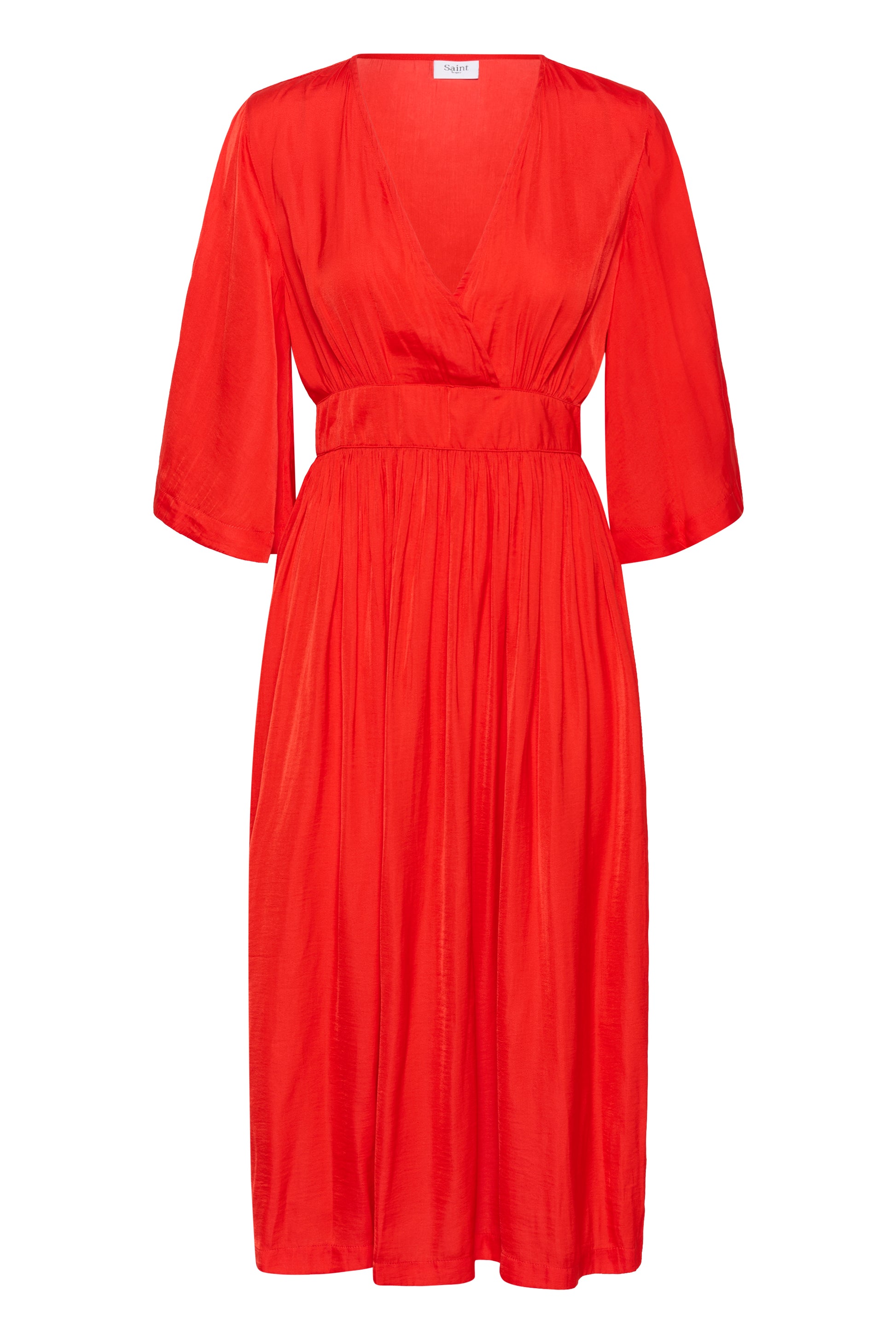Saint Tropez Dress in striking red colour with 3/4 length sleeves, v-neck and midi length