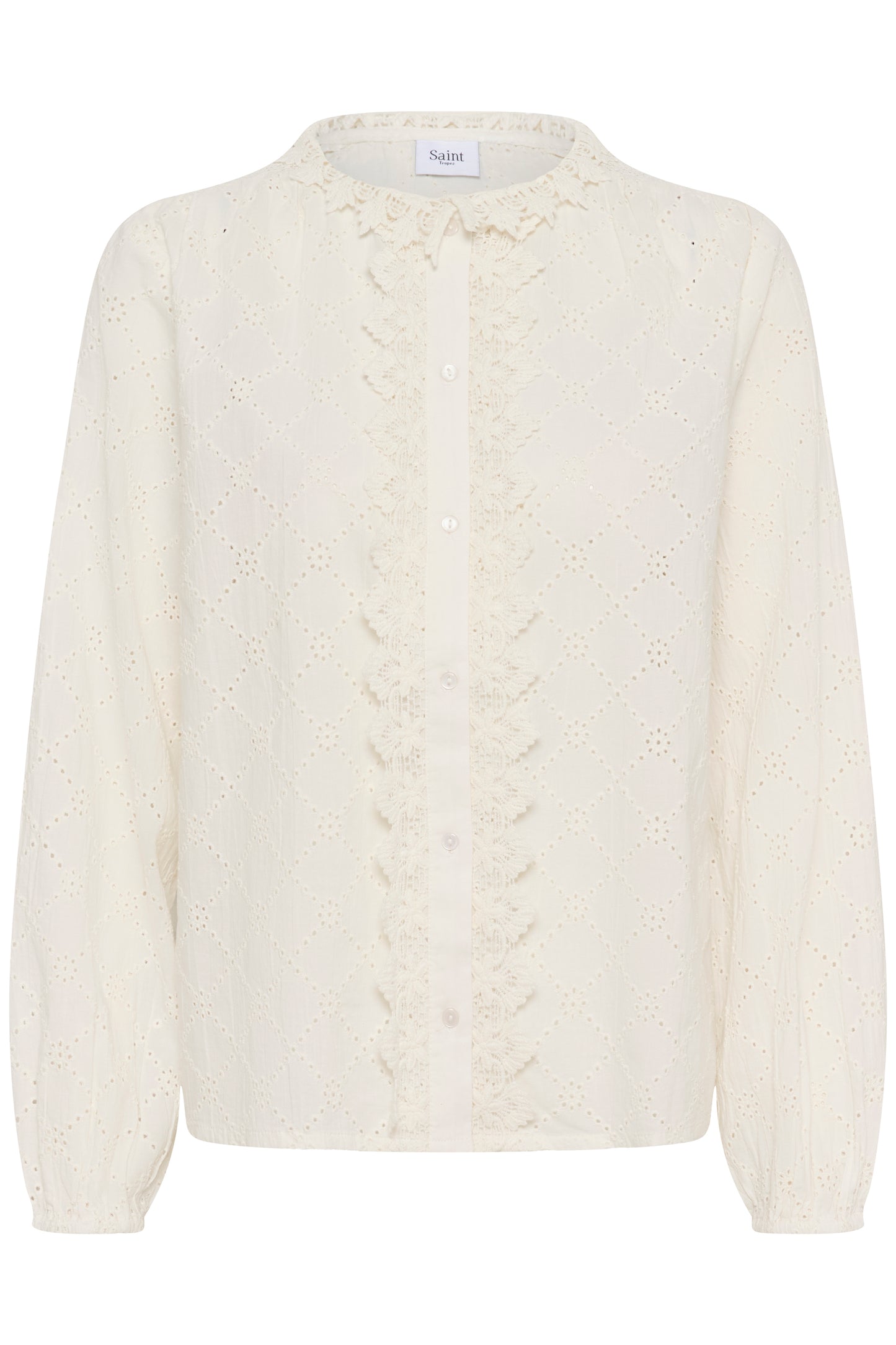 Saint Tropez Petunia shirt in ice.  It has a frilled collar and frilled edging down the front.  Broderie Analgise style