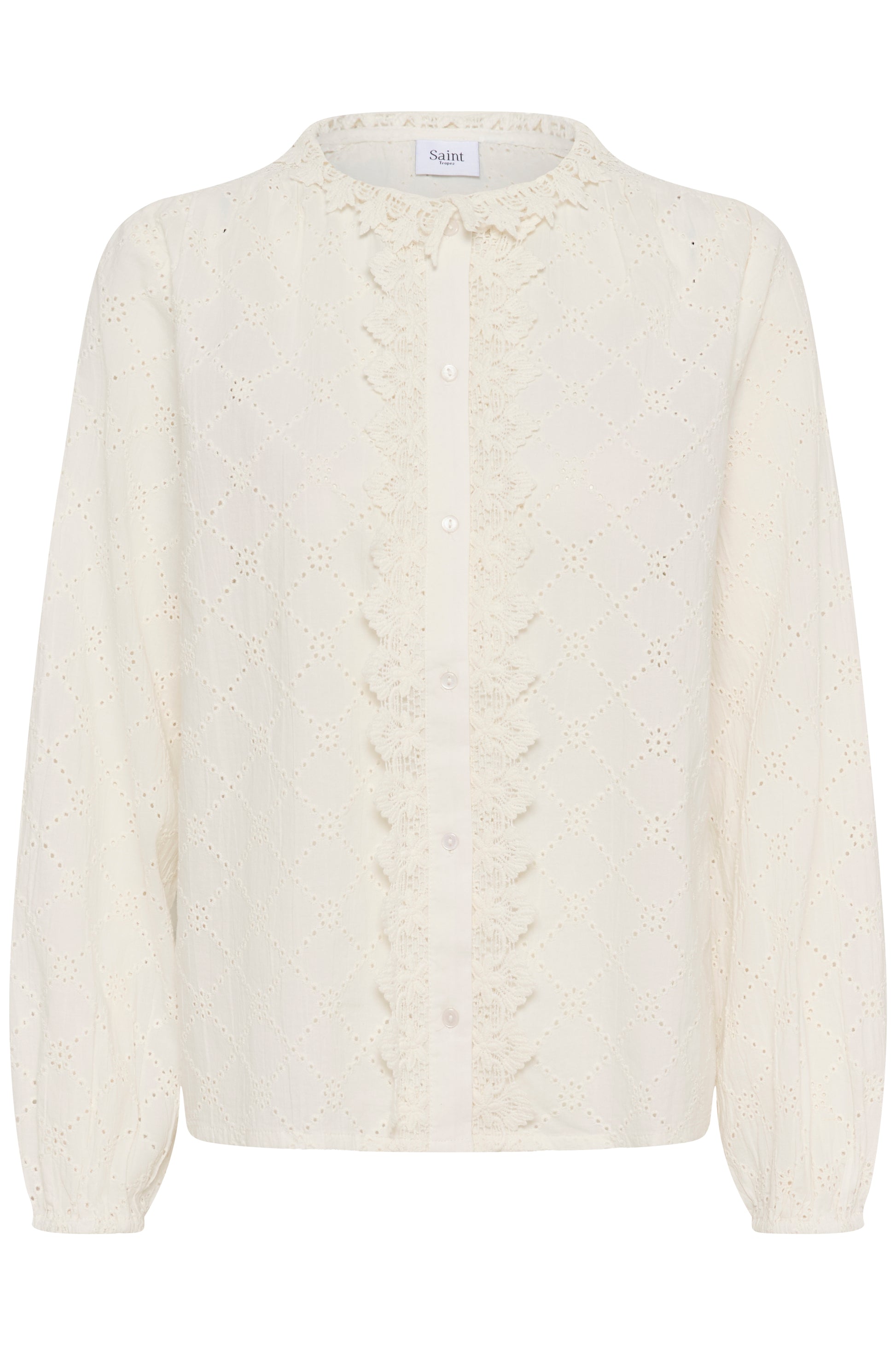 Saint Tropez Petunia shirt in ice.  It has a frilled collar and frilled edging down the front.  Broderie Analgise style