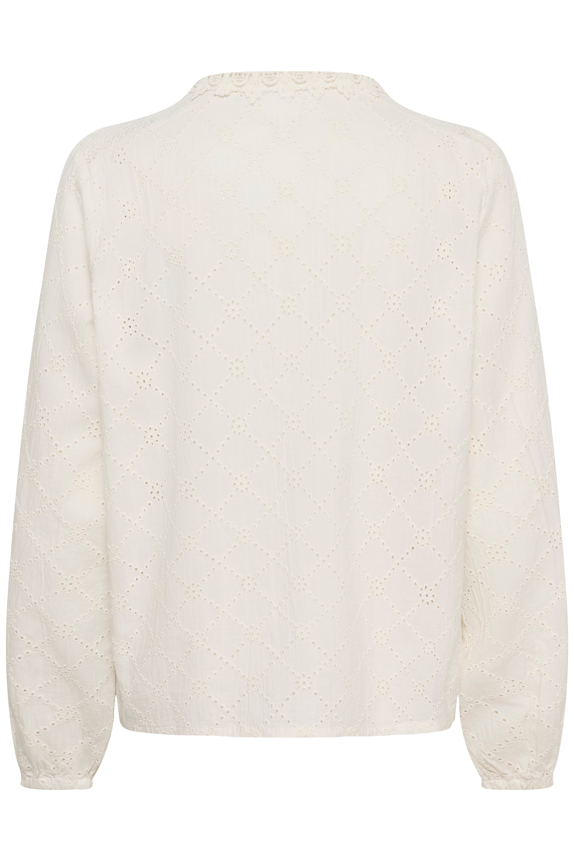 Saint Tropez Petunia shirt in ice.  It has a frilled collar and frilled edging down the front.  Broderie Analgise style