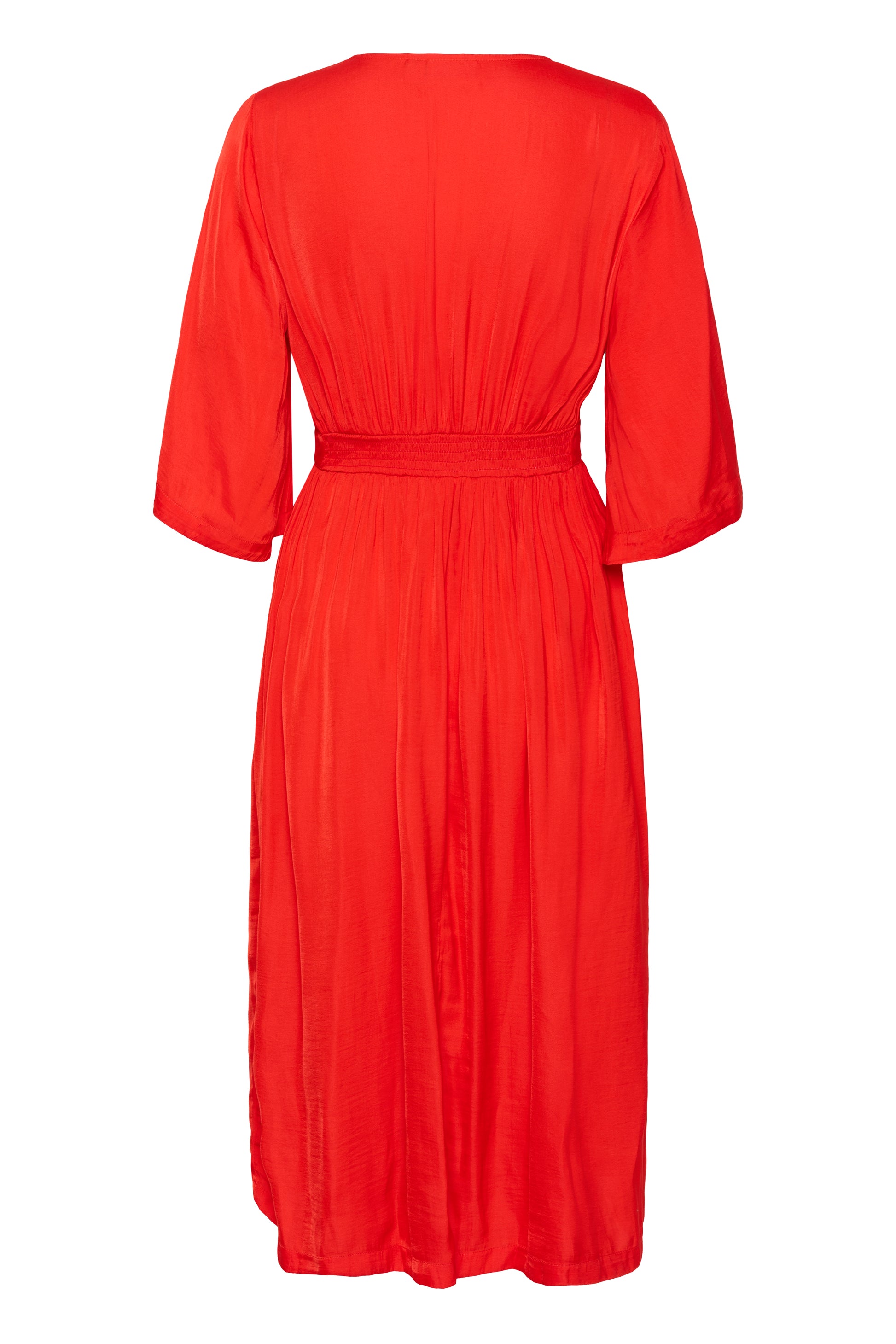 Saint Tropez Dress in striking red colour with 3/4 length sleeves, v-neck and midi length