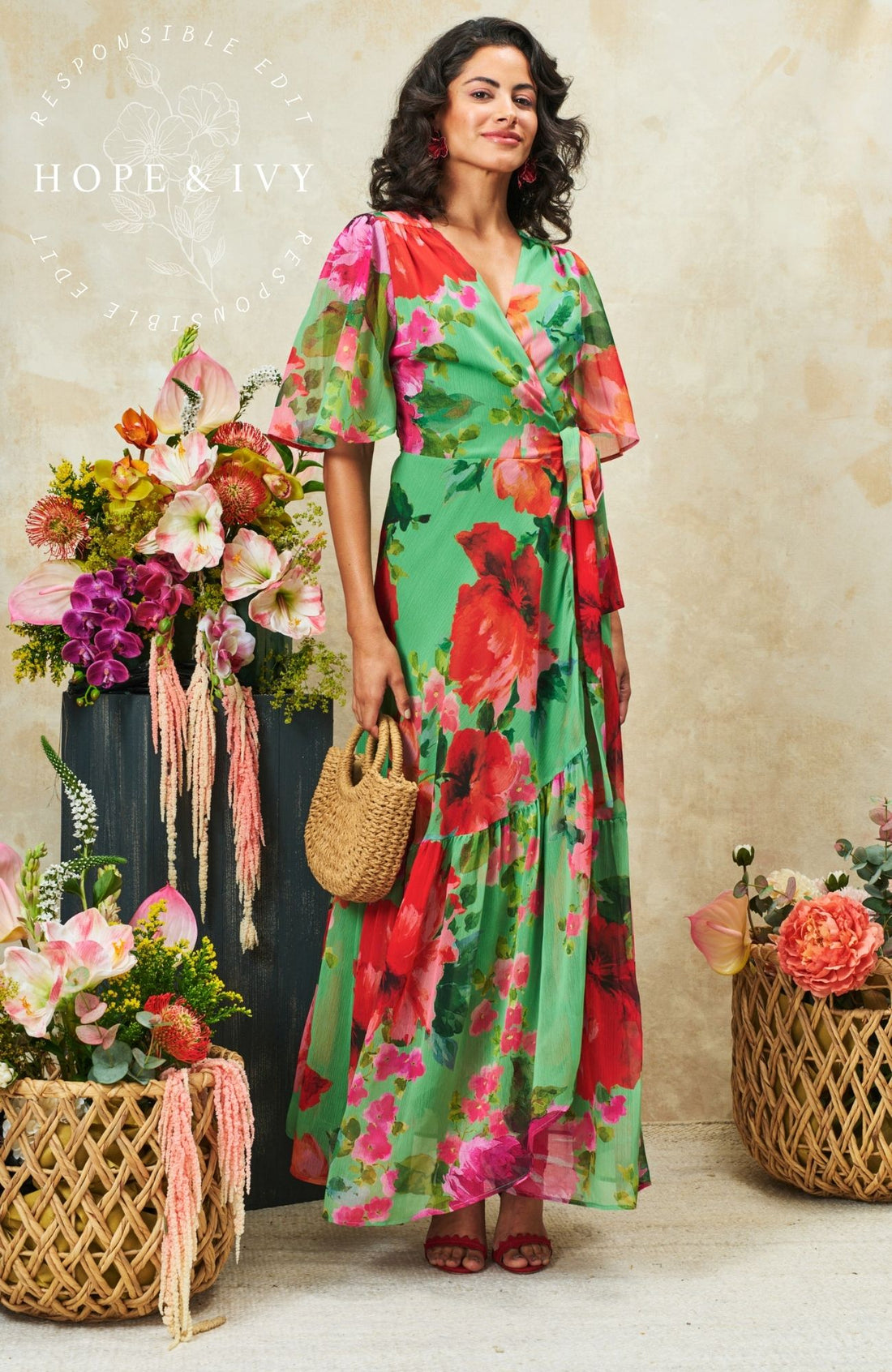 Hope & Ivy Samantha Flutter Sleeve Green and Red Floral Maxi Wrap Dress 
