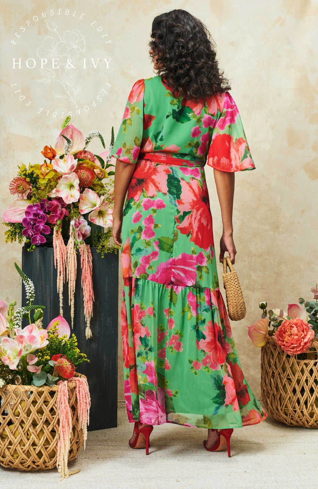 Hope & Ivy Samantha Flutter Sleeve Green and Red Floral Maxi Wrap Dress 