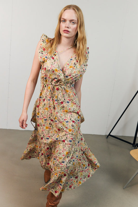 Lollys Laundry Samo midi dress with floral print, V-neck and short sleeves