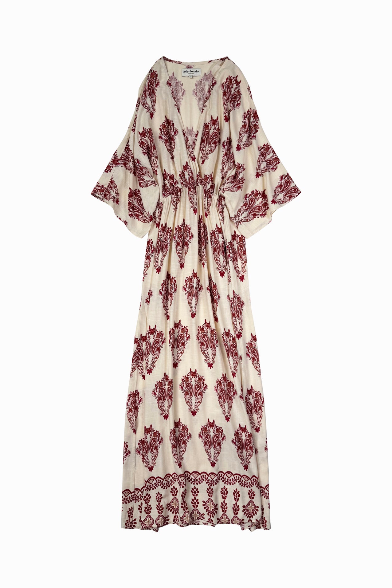 Lollys Laundry Savannah maxi dress in crème with red pattern, V-neck and 3/4 length sleeves