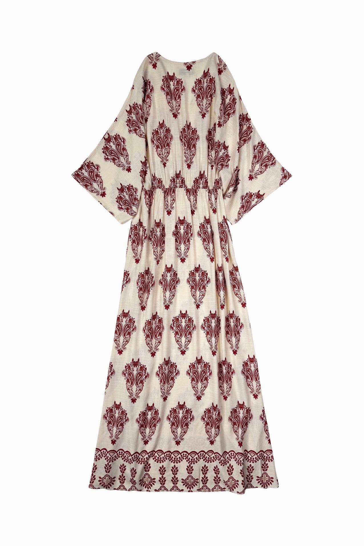 Lollys Laundry Savannah maxi dress in crème with red pattern, V-neck and 3/4 length sleeves