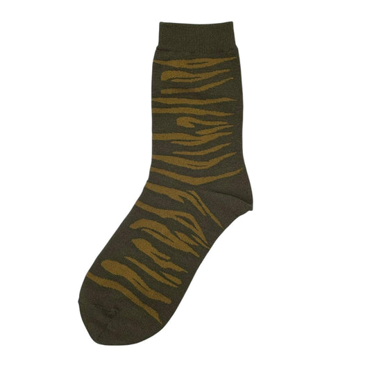 Dark green sock with brown tiger stripe pattern on a white background