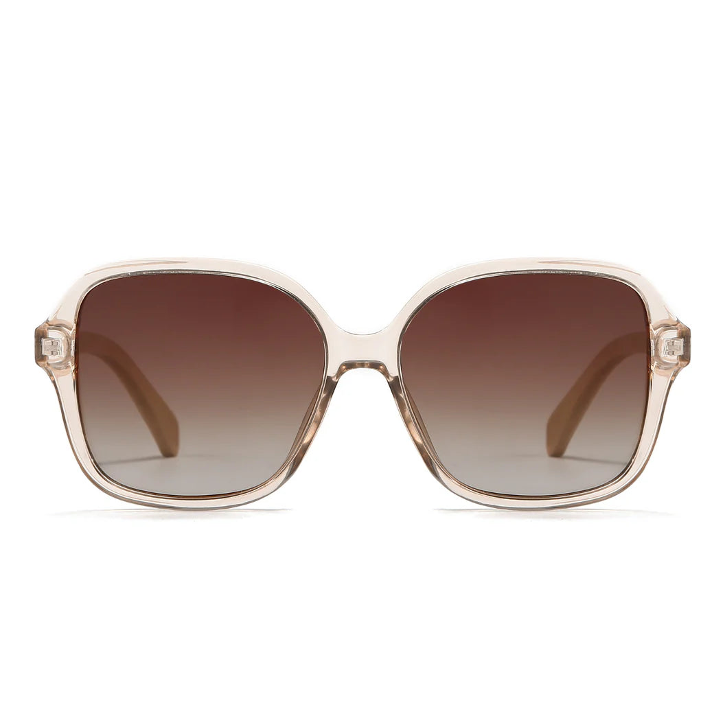 SOEK Scarlett champagne oversized square sunglasses with brown gradient polarised lenses and white maple wooden arms