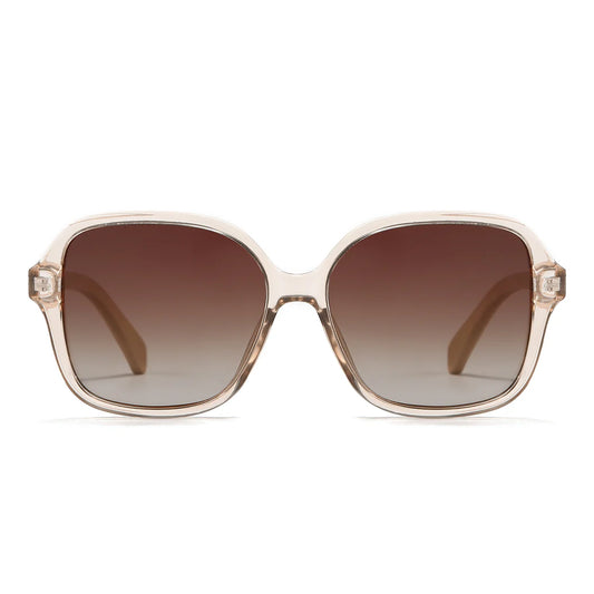 SOEK Scarlett champagne oversized square sunglasses with brown gradient polarised lenses and white maple wooden arms