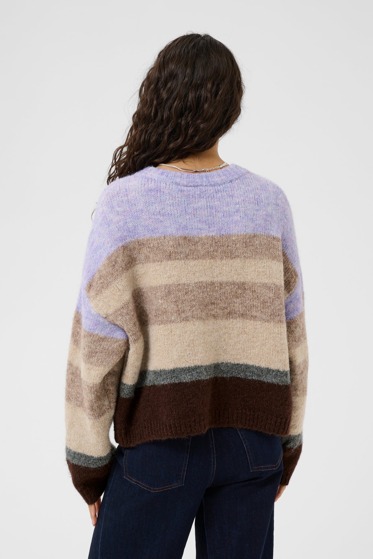 Saint Tropez cardigan with bold stripes in lilac, brown and beige with brown buttons