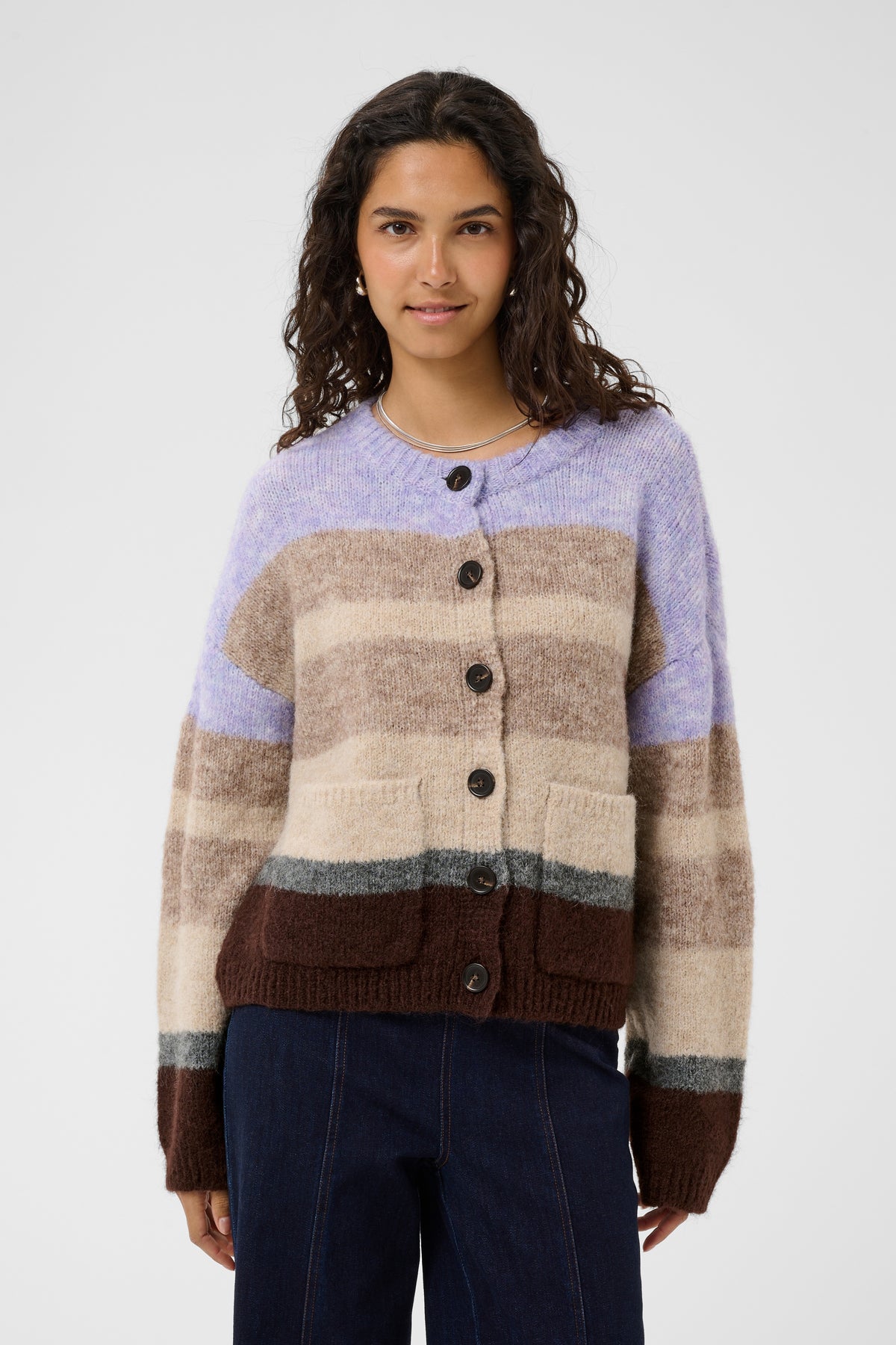 Saint Tropez cardigan with bold stripes in lilac, brown and beige with brown buttons