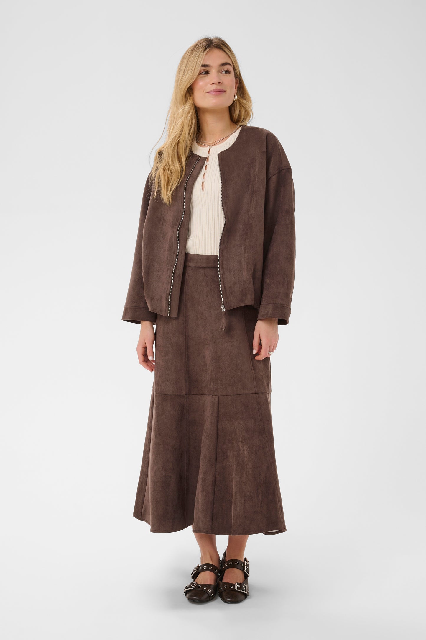 Saint tropez zip up collarless jacket in brown