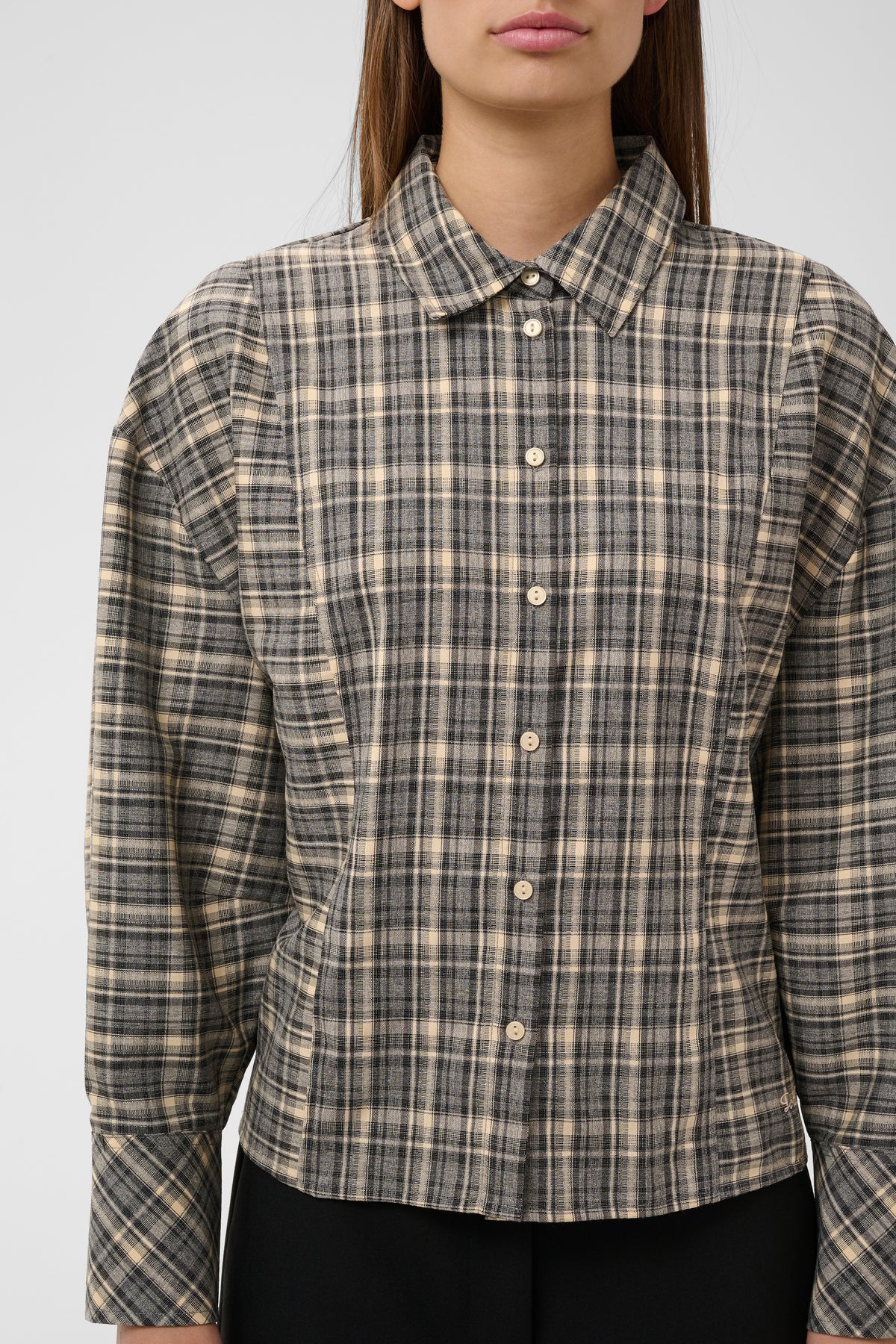 Soaked in Luxury Shiba Noelle Balloon Shirt in neutral taupe and charcoal check with balloon sleeves