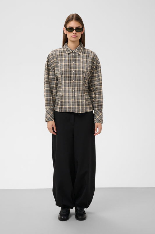 Soaked in Luxury Shiba Noelle Balloon Shirt in neutral taupe and charcoal check with balloon sleeves