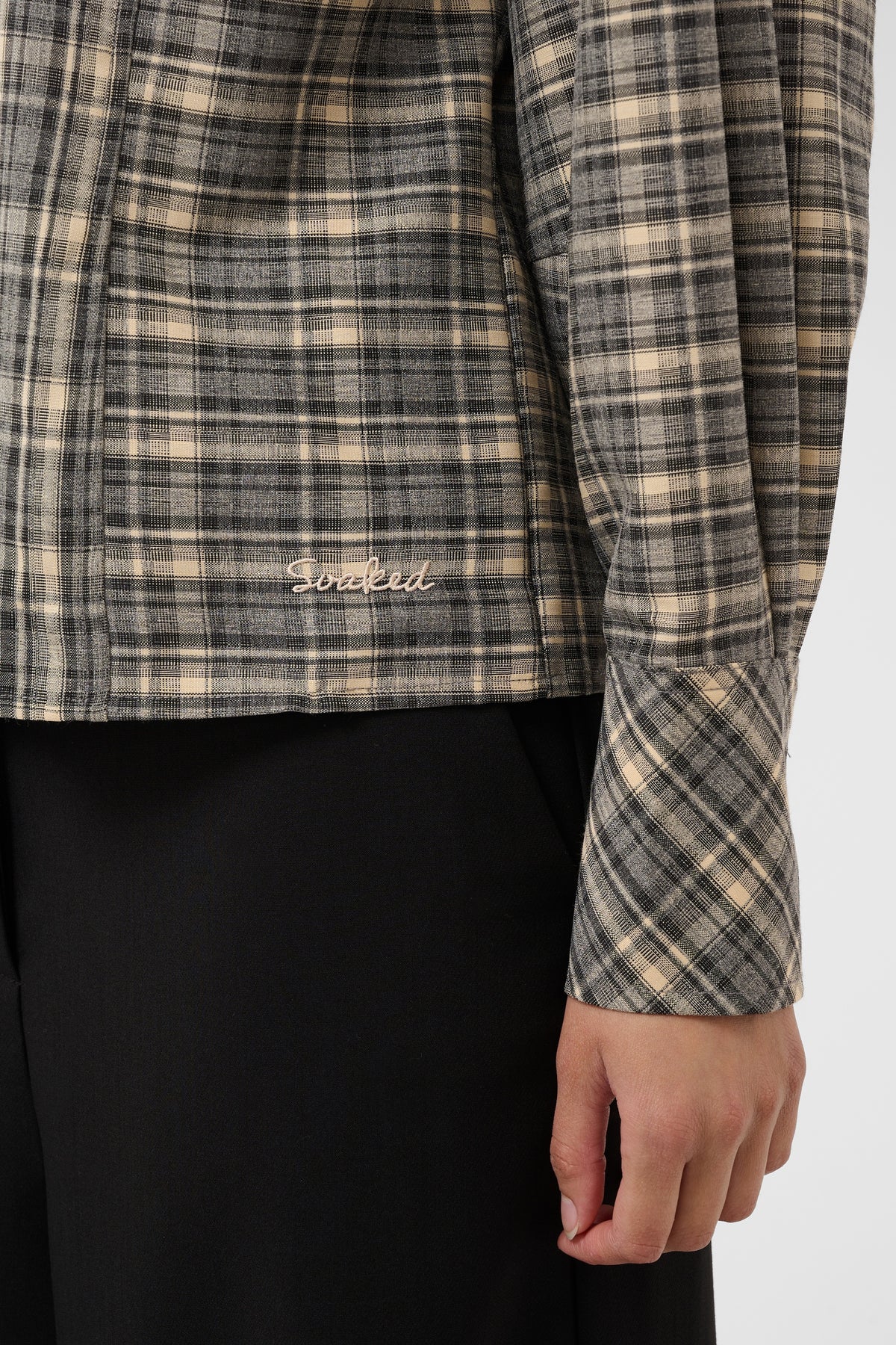 Soaked in Luxury Shiba Noelle Balloon Shirt in neutral taupe and charcoal check with balloon sleeves