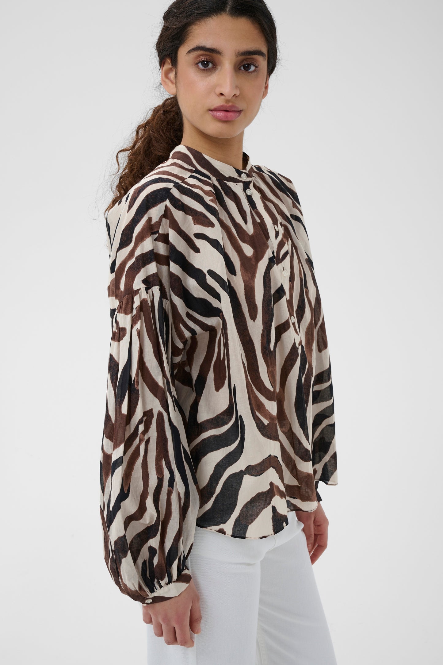 InWear Rosalie Blouse Haze Zebra neutral print with brown and black abstract stripes