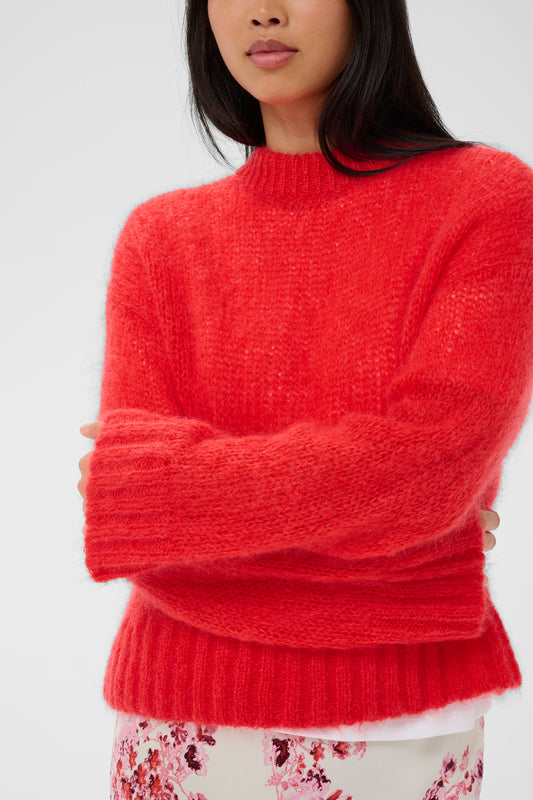 Person wearing a red sweater with a plain background
