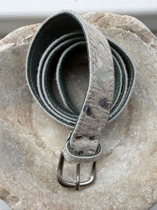 Silver Acid Pony Fur Leather Belt with silver Buckle
