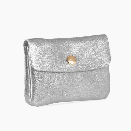 Italian Leather Small Coin Purse - Silver, Metallic - Default Title